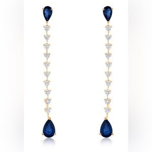 14K Yellow Gold Sapphire & Diamond Linear Drop Earrings Pear Cut NWT